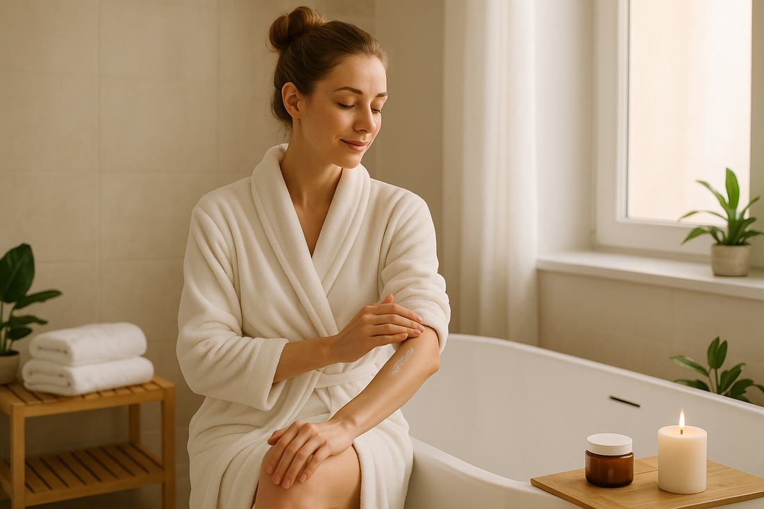 a woman sitting at a bath tub rubbing lotion on her skin